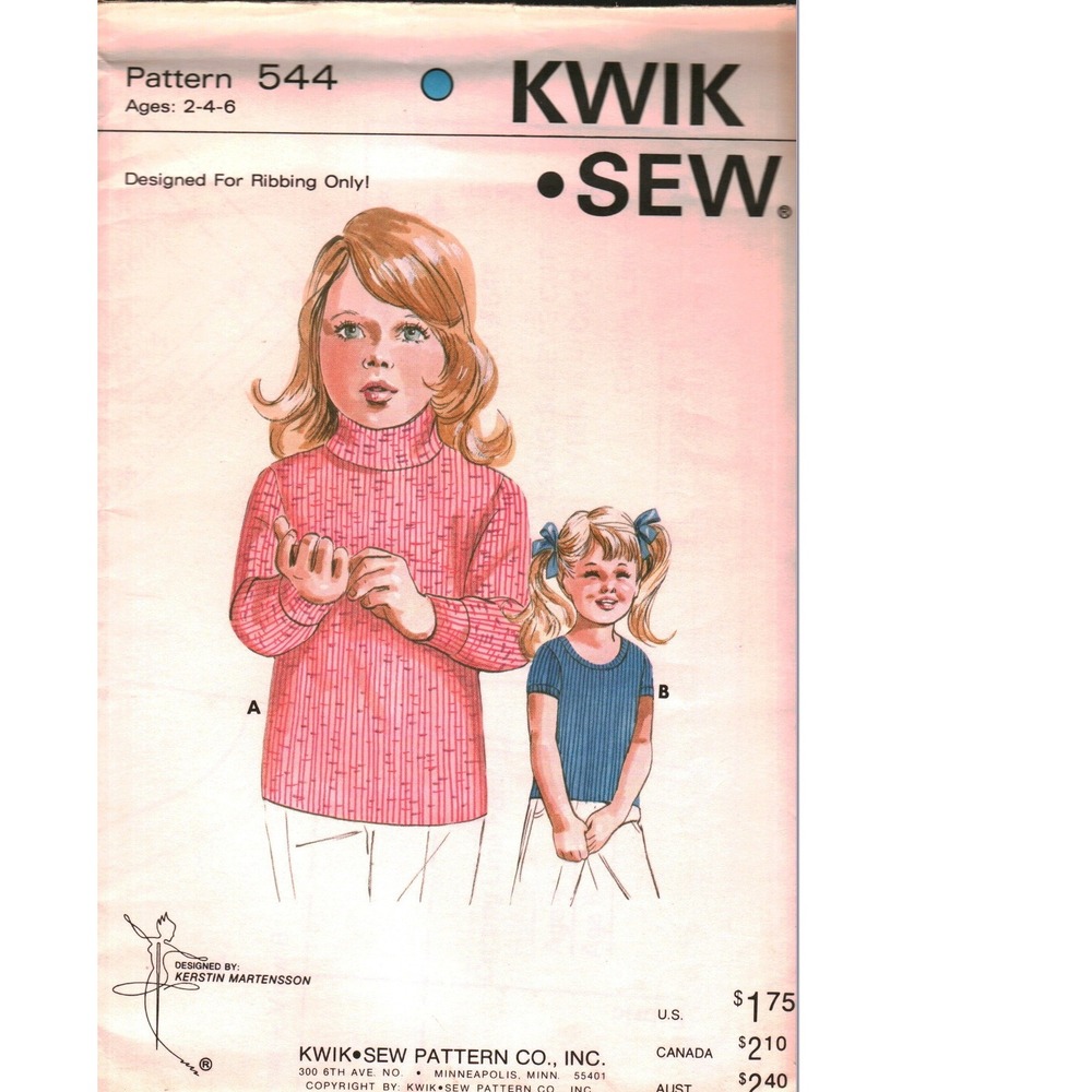 Kwik Sew 544 Girls Pullover Pattern Turtleneck Scoop Neck Rib Knit 2-4-6 Vintage